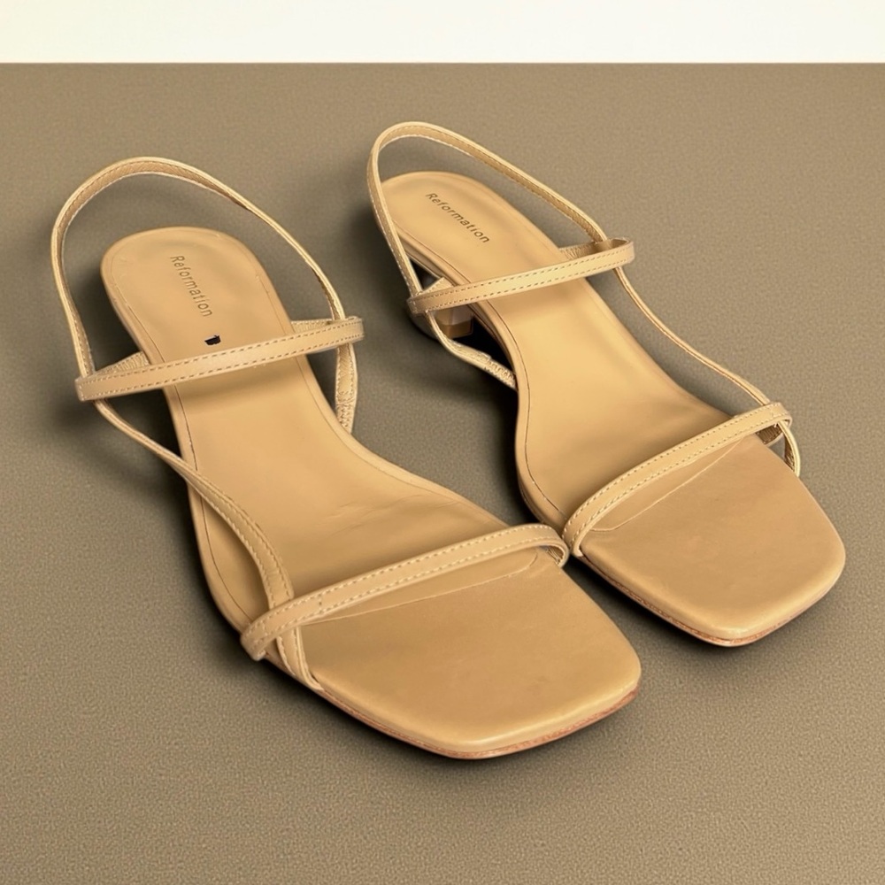 🎉SALE Reformation Serenity Bare Kitten Heel Strappy Sandals Tan Nude - Picture 2 of 6